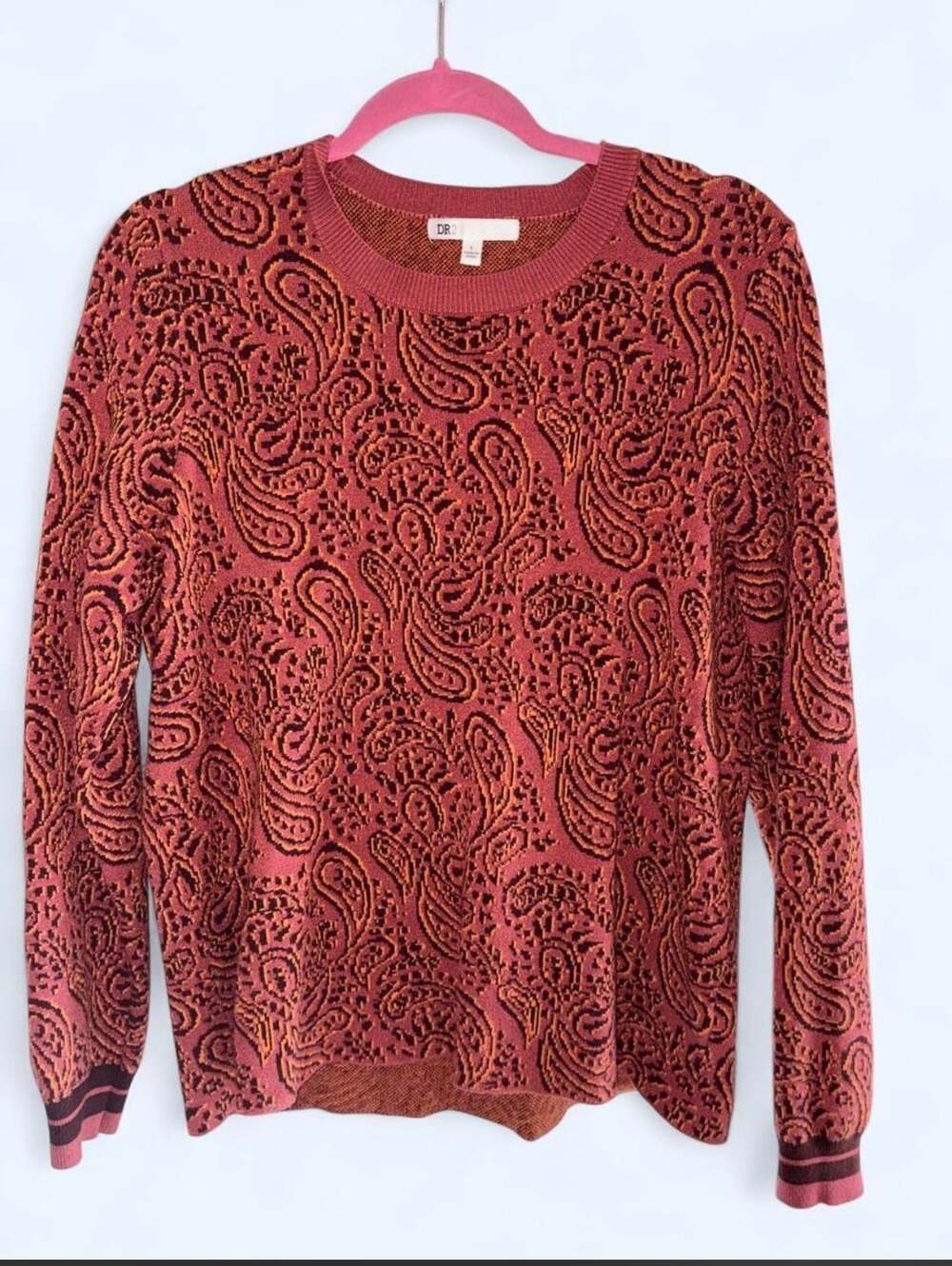 DR2 Paisley Sweater Size L Red Orange Long Sleeve Knit